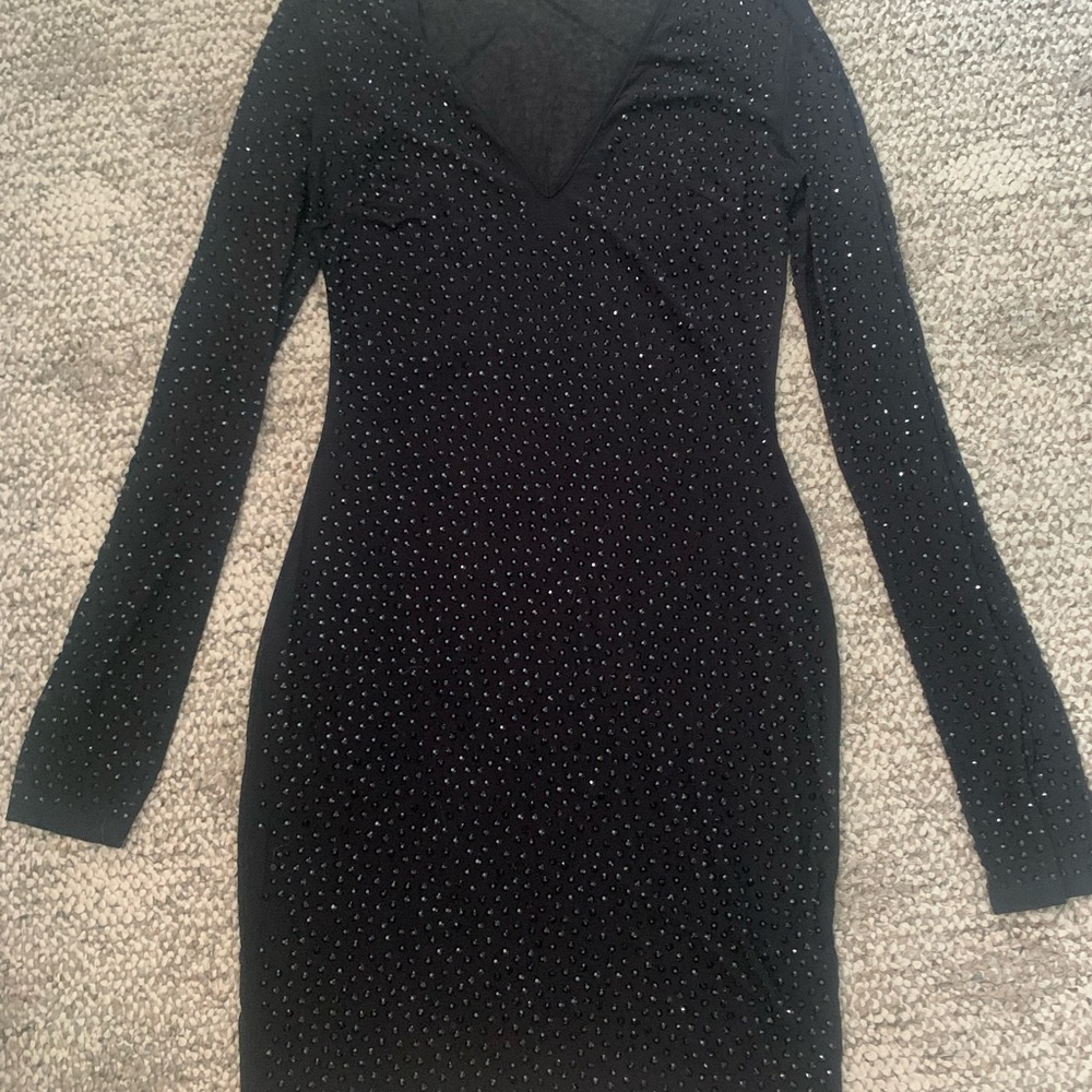 Fashion Nova Rhinestone Long Sleeve Black Dress